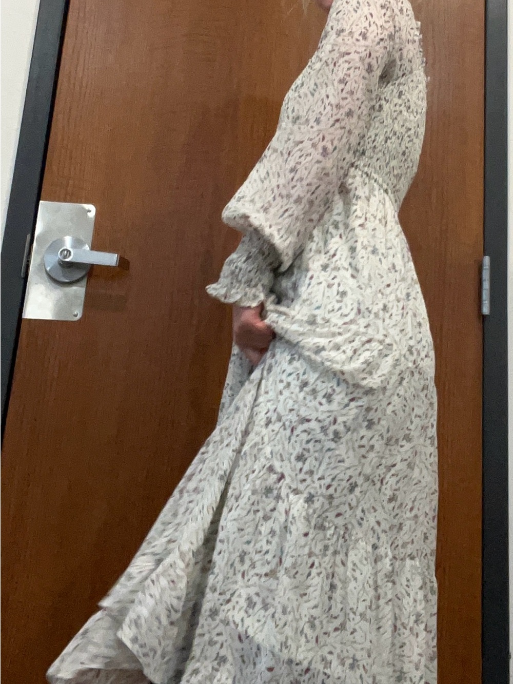 Long Sleeve Floral Maxi Dress in White with Pink & Green